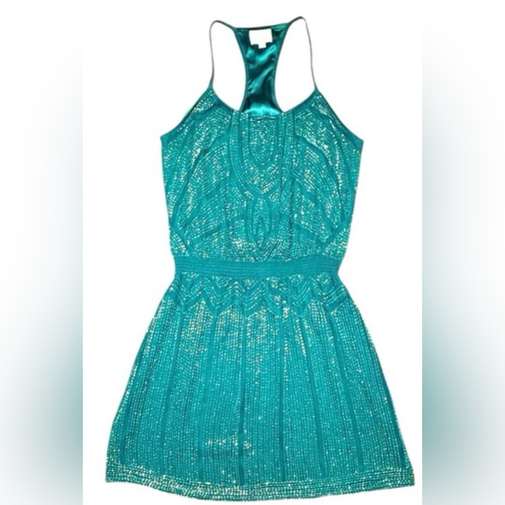 Parker Mini Dress Womens Small Teal Sequin Holiday Party Event Glam NYE - Picture 1 of 8
